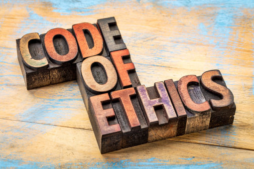 code of ethics banner - word abstract in letterpress wood type ...